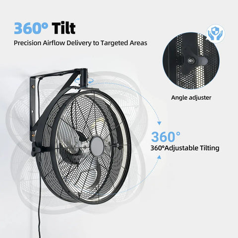 Image showing a 20-Inch Wall Mounted Fan with Lights, 360 Degree Tilt, Remote and App Control, installed on a wall.