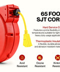 Red retractable extension cord reel with yellow triple-tap connector, 65 ft 12 gauge SJT heavy duty commercial cable for garages