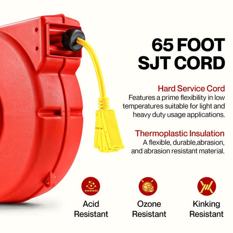 Red retractable extension cord reel with yellow triple-tap connector, 65 ft 12 gauge SJT heavy duty commercial cable for garages