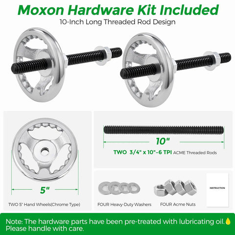 Moxon Hardware Kit included, 10-inch threaded rods, chrome hand wheels, designed for woodworking bench clamping with No Sweat Quick Action Acme Thread Vise Hardware Kit Built For Lightning Fast Woodworking Bench Clamping And Killer Grip Control That Delivers Smooth Operation Every Time.