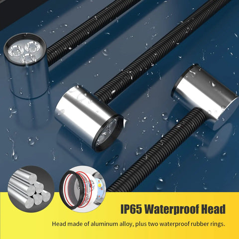 Built Tough LED Work Light With Flexible Gooseneck, IP65 waterproof aluminum lamp heads with rubber rings shown on wet surface