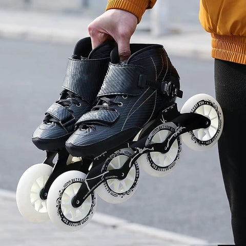 Person holding Carbon Fiber Inline Speed Skates 3x110mm With ABEC-9 Bearings Lightweight PU Wheels for Outdoor Fitness and Street Racing.