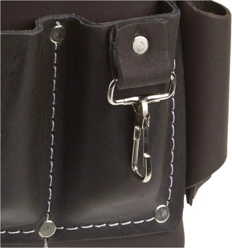 Close-up of Oil Tanned Leather Electrician Pouch Pro Grade Multi Pocket Tool Organizer with metal clip and stitching details.