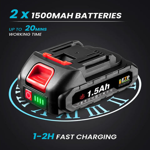Close-up of 1.5Ah 21V battery for Heavy Duty Cordless Metal Shear Electric Scissors with fast charging feature.