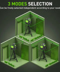 Cross Line Laser Level With 2x360 Green Beams, Self Leveling, Pulse Mode, displaying modes in room corners