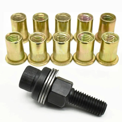 Heavy Duty Head Rivet Nut Tool Kit With Six Different Plier Sizes And Sixty Press-in Nuts For Fastening Auto Panels, Metal Brackets, And DIY Projects That Actually Hold Up And Look Clean., carbon steel rivet nuts and black threaded mandrel