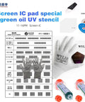 Screen IC Pad Green Oil UV Stencil Set For IPhone 11 To 16 Pro Max Solder Mask Repair Kit with tools and gloves shown