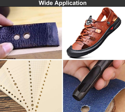 Wide application of 12 Piece Hollow Punch Set on leather, shoes, paper, and denim showing different uses of the tool