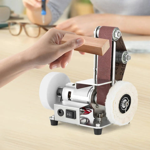 Slick 3 In 1 Mini Belt Sander And Electric Grinder With 7 Speed Adjustable Benchtop Station For Woodworking, user grinding wood.