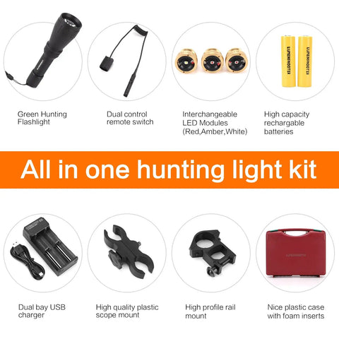 All In One Predator Hunting Light Kit with Four LED Modes Green Red Amber White Scope Rail Mount Rechargeable Batteries Up To 10 Hours