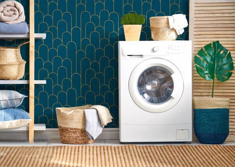 Laundry room with blue gold geometric stripe pattern wallpaper and washing machine, Blue Gold Peel and Stick Wallpaper Geometric Stripe Pattern Removable Self Adhesive Vinyl For Walls Easy Cut Grid Backing Waterproof Bedroom Decor 17.3 by 118 Inches.