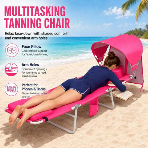 Outdoor Sunbathing Lounge Chair With Canopy Shade And Face Hole Padded And Washable Six Position Layout For Poolside Beach Or Lawn UPF 50 Plus Wind Resistant Sun Shade Patented Design, woman lying face down reading a book on a pink padded chair with canopy on the beach.