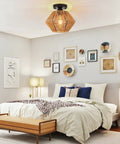Boho Rattan Ceiling Light Fixture With Handwoven Cage Shade Coastal Semi Flush Mount in decorated bedroom setting