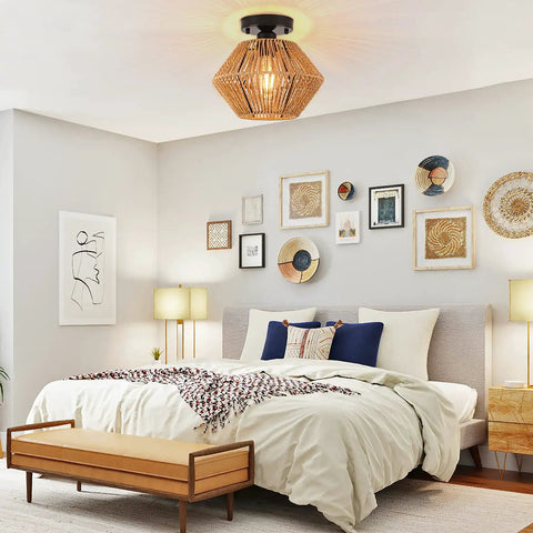 Boho Rattan Ceiling Light Fixture With Handwoven Cage Shade Coastal Semi Flush Mount in decorated bedroom setting