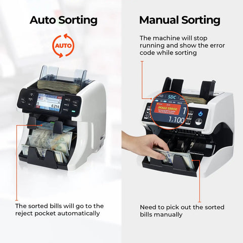 Effortless Cash Counter Machine With Dual Buckets Lightning Fast Mixed Bill Sorting And Legit Currency Verification with auto and manual sorting options.