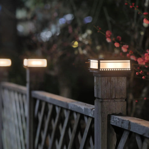 6 Pack Solar Post Cap Lights Outdoor For 4x4 5x5 6x6 Wooden Posts illuminating a wooden fence at night