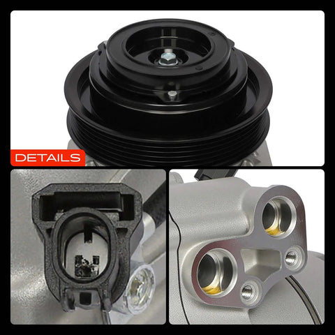 Premium Grade AC Compressor With Clutch Drop In Fix Compatible With Acura Mdx And Honda Pilot Replaces A10HF20 details showing clutch assembly and connections