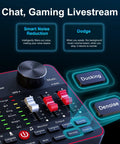 Close-up of All In One USB Audio Mixer For PC And Phone Live Streaming And Gaming with denoise and ducking buttons visible.