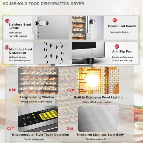 Heavy Duty Stainless Steel Food Dehydrator With 800 Watt Motor And 24 Hour Timer, showing ergonomic handle and multi-hole heat dissipation.