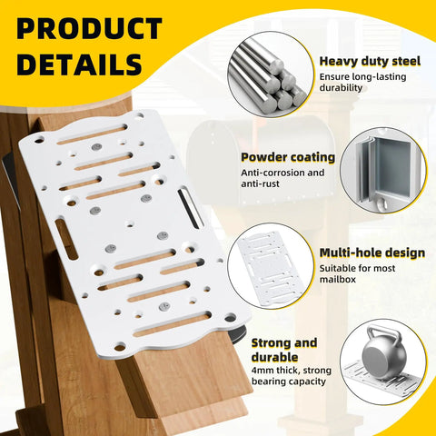 Mailbox Mounting Bracket For Post Mount Mailboxes, Fits 4x4 Wood Or Hollow Posts, White Mounting Plate With Bottom Mount Holes