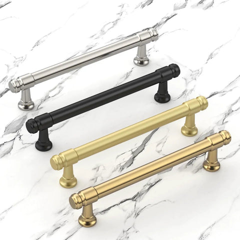 10 Pack 5 Inch Matte Black Cabinet Pulls Featuring Ultra Chic Rust Resistant Zinc Alloy Build For A Certified Top Shelf Kitchen Reno Upgrade That Drops Major Style On Every Drawer And Cupboard Space - Four color variations displayed on marble.