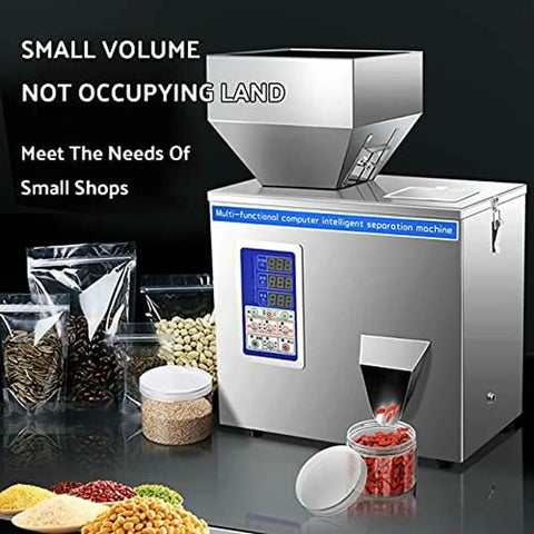 Game Changer Stainless Steel Automatic Powder Filling Machine For Seeds And Grains Compact Countertop Weighing Dispenser With Quiet Multi Point Vibration 50 Gram Capacity on countertop, showing control panel, grains, and packaging.