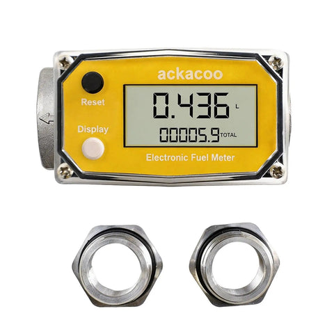 1 Inch Digital Turbine Flow Meter With 2.6-26 GPM Range, Three Quarter NPT Aluminum Adapters, Battery Powered LCD Water Flow Gauge For Diesel Gasoline Oil And More, Measures Gallons Quarts Liters And Cubic Meters