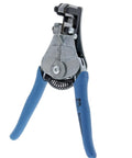 Stripmaster Wire Stripper For 10-22 AWG One Step Precision Stripping Clean Every Time Up To 7/8 In (22 mm) shown with blue handles.
