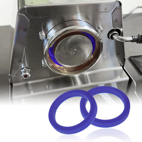 Blue E61 8.5mm Silicone Gasket For Espresso Machines shown installed in group head with extra gaskets, food grade odorless silicone