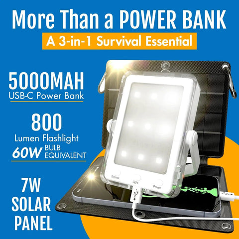 Three In One Solar Survival Kit Emergency Flashlight With 5000mAh USB C Power Bank And Seven Watt Solar Panel on display