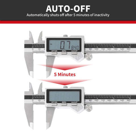 6 Inch Stainless Steel Digital Caliper With IP54 Splash Proof showing auto-off feature with large LCD display