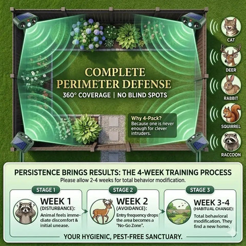 2 Pack Ultrasonic Deer Repellent With Motion Sensor For Garden And Yard, solar-powered units around a garden with 360° coverage