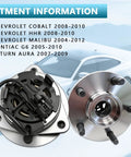 Front Wheel Hub Bearing Assembly For 5 Lug Vehicles Compatible With Malibu 2004 2012 Cobalt 2008 2010 HHR 2008 2010 G6 2005 2010 Saturn Aura 2007 2009 With ABS Replacement 513214 in front and side view next to fitment information.