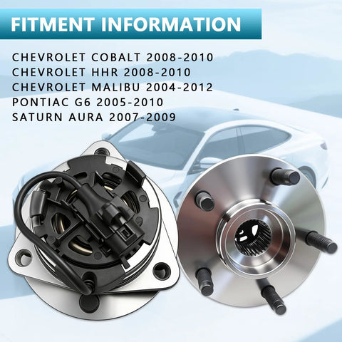 Front Wheel Hub Bearing Assembly For 5 Lug Vehicles Compatible With Malibu 2004 2012 Cobalt 2008 2010 HHR 2008 2010 G6 2005 2010 Saturn Aura 2007 2009 With ABS Replacement 513214 in front and side view next to fitment information.