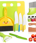 14-piece kids' toy kitchen knife set with plastic knives, colorful cutting boards, peeler, and wooden slicer