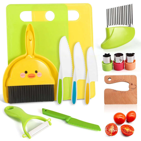 14-piece kids' toy kitchen knife set with plastic knives, colorful cutting boards, peeler, and wooden slicer