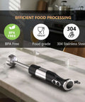 Powerhouse 800W 5 In 1 Handheld Immersion Blender With 12 Speeds on a marble countertop, featuring a sleek black and stainless steel design.