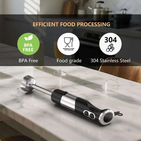 Powerhouse 800W 5 In 1 Handheld Immersion Blender With 12 Speeds on a marble countertop, featuring a sleek black and stainless steel design.