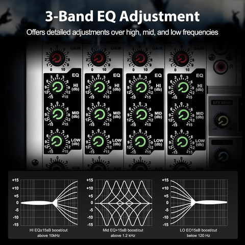 Close-up of 3-band EQ adjustment on Professional Audio Mixer With USB Interface For Stage And Live Gigs Four Channel DJ Mixer