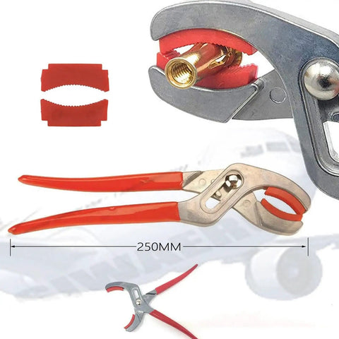 Soft Jaw Cannon Plug Plier For Aviation With A Wide 20mm To 64mm Range In Metal And PP Heavy Duty Build shown with dimensions and details