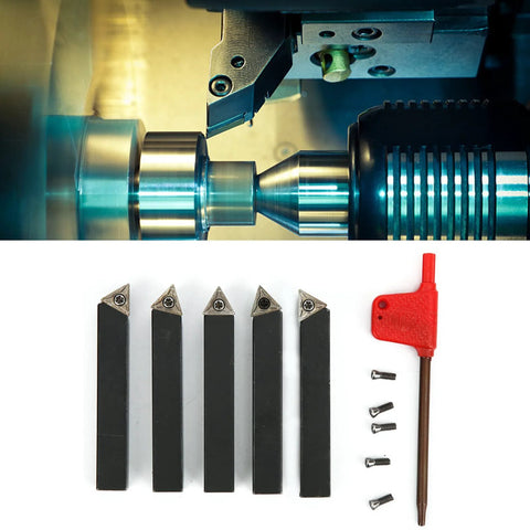 Five 3/8in indexable turning tools with cemented carbide inserts (60°, 75°, 90°) and a red handle with screws.