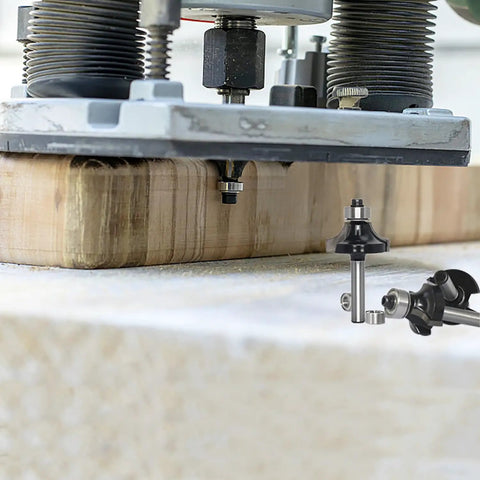 Router in use on wood, showcasing Top Shelf Four Piece Roundover And Bead Router Bit Set With One Quarter Inch Shank for smooth edges.