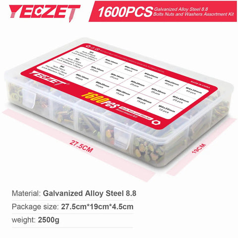 Heavy Duty Bolts And Nuts Kit With 1600Pcs M4 M5 M6 Grade 8.8 Alloy Steel Fasteners, Flat And Lock Washer Set, 15 Most Common Sizes