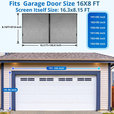 Two Car Garage Door Screen With Magnetic Retractable Fiberglass Mesh Heavy Duty Weighted Bottom Easy Assembly size guide
