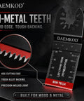 Fifty Piece Bimetal Oscillating Multi Tool Blades For Wood And Plastic Demolition Work Built Like A Tank Heavy Duty Replacement Saw Accessories With Knockout Durability, close-up of bi-metal teeth and cutting edge.