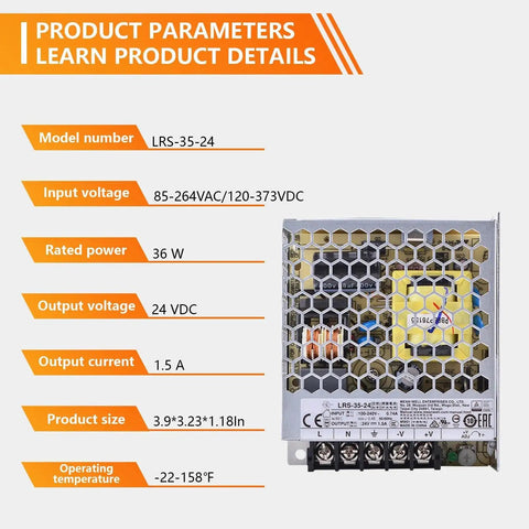 Built Like A Tank 36W 24V 1.5A Enclosed Switching Power Supply with details on input voltage, rated power and dimensions.