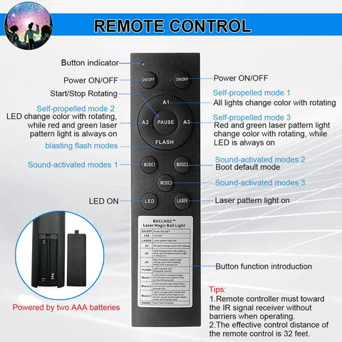 Remote control for Disco Ball Party Lights with buttons for sound activation and RGB strobe pattern projection, uses AAA batteries.
