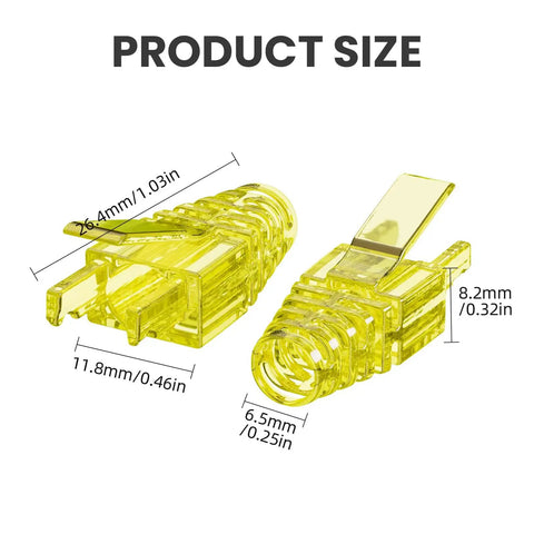 Cat5e And Cat6 RJ45 Pass Through Connectors With Strain Relief Boots 100 Pack No Fuss EZ Crimp Modular Plugs, product dimensions shown.