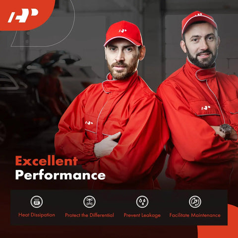 Two mechanics in red uniforms promoting 10.5 Ring Gear Rear Differential Cover With Gasket And Magnet For Chevy Silverado 2500 1999 2004.