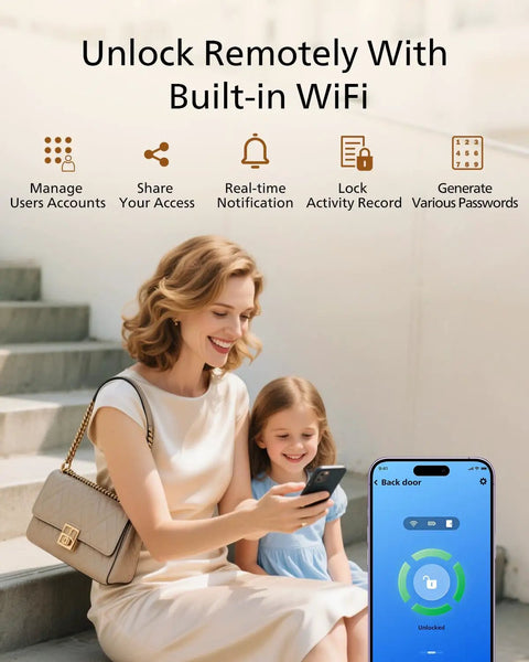 Woman and child using smartphone app for WiFi Smart Door Lock With Keyless Entry And Auto Lock, Remote App Control.